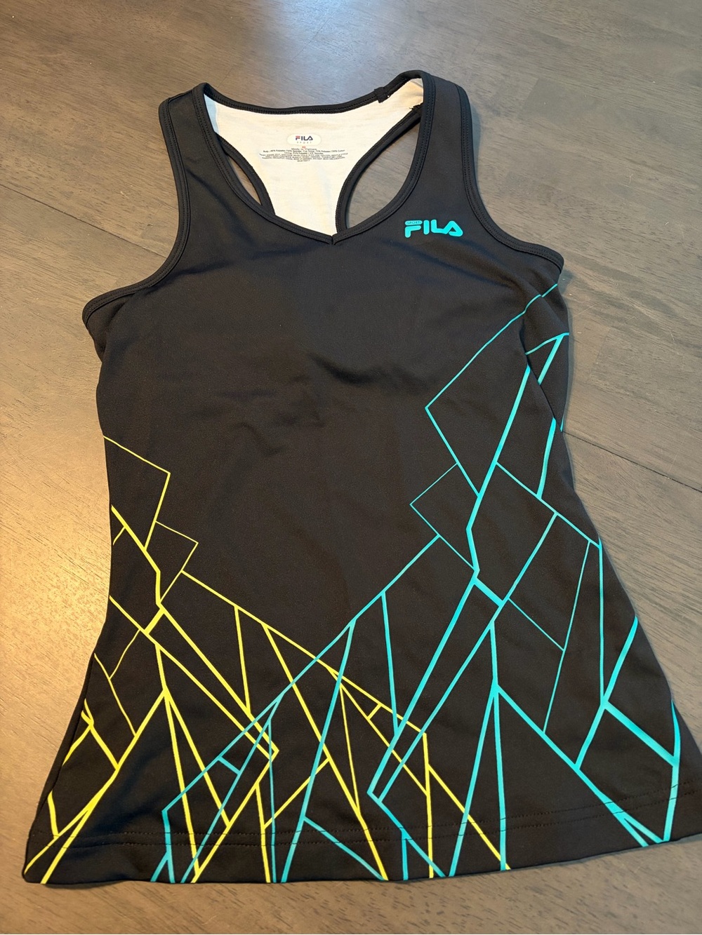 Fila Black Racerback Tank with Teal & Yellow Geometric Lines